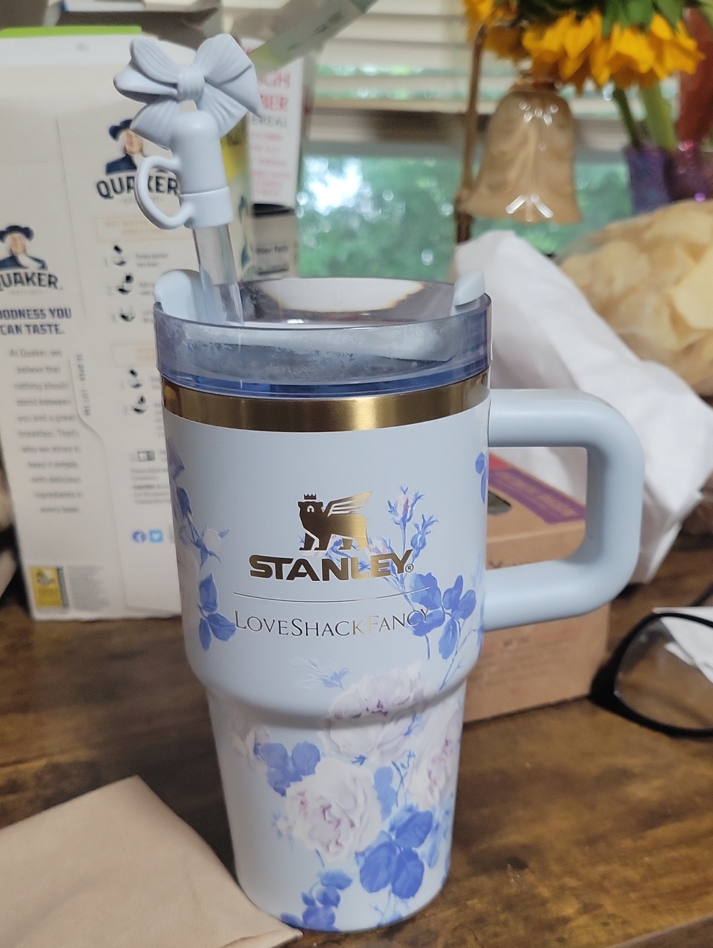 Stanley Light Blue Floral Insulated Travel Mug with Gold Logo